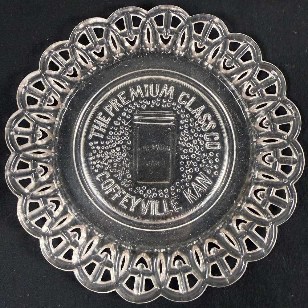 Vintage 1930s The Premium Glass Co. Coffeeville, Kansas Clear Glass Plate